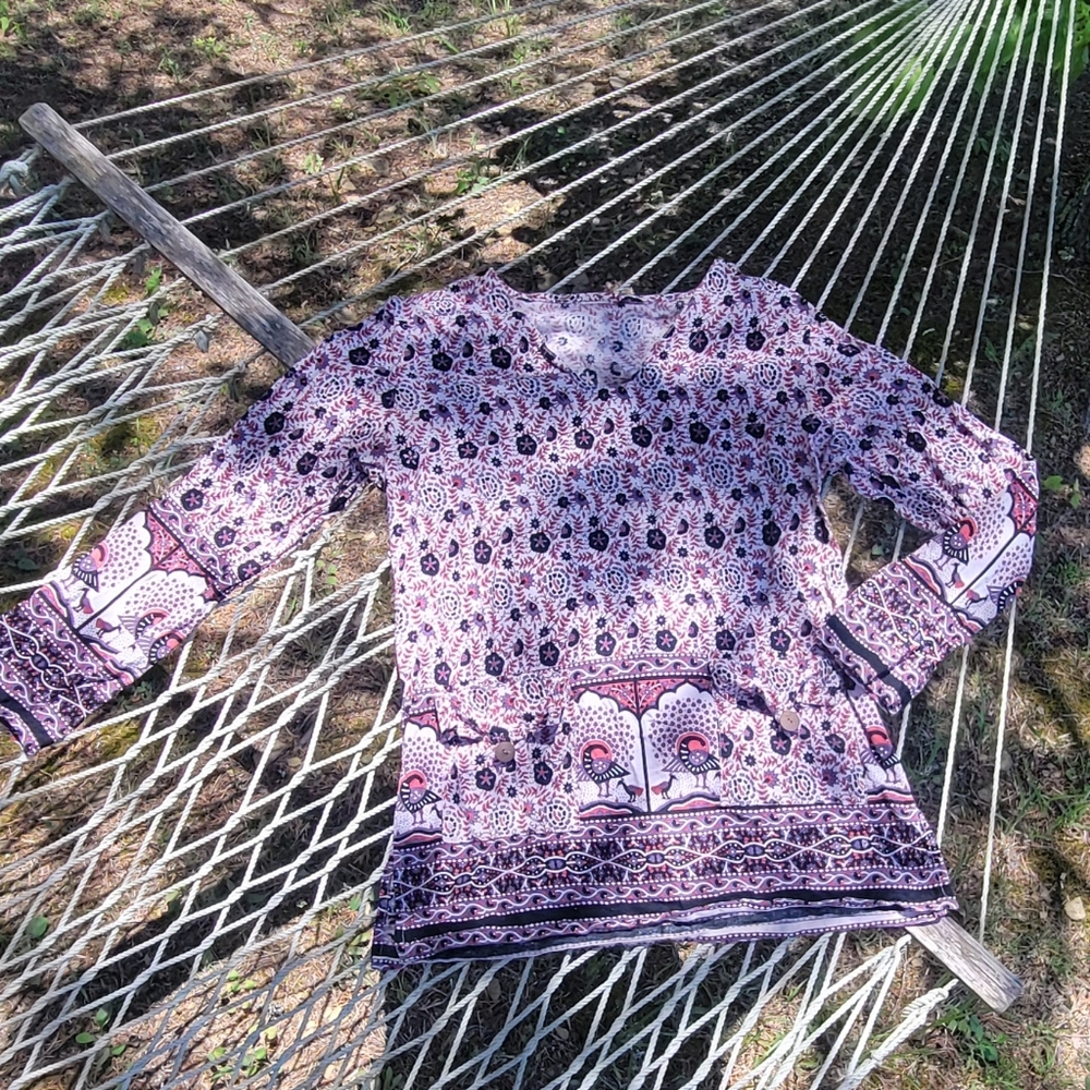Vintage Cotton Hippie Peacock Print Tunic with Pockets
